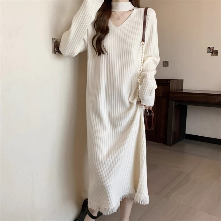 Dame High-Comfort Ribstrik Midi Kjole med Frynse-Detalje Stilla