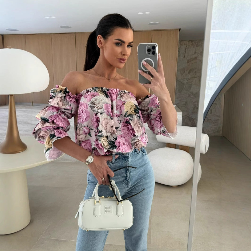 Dame Off-Shoulder Bluse med flæsedetaljer og blomstermønster Stilla