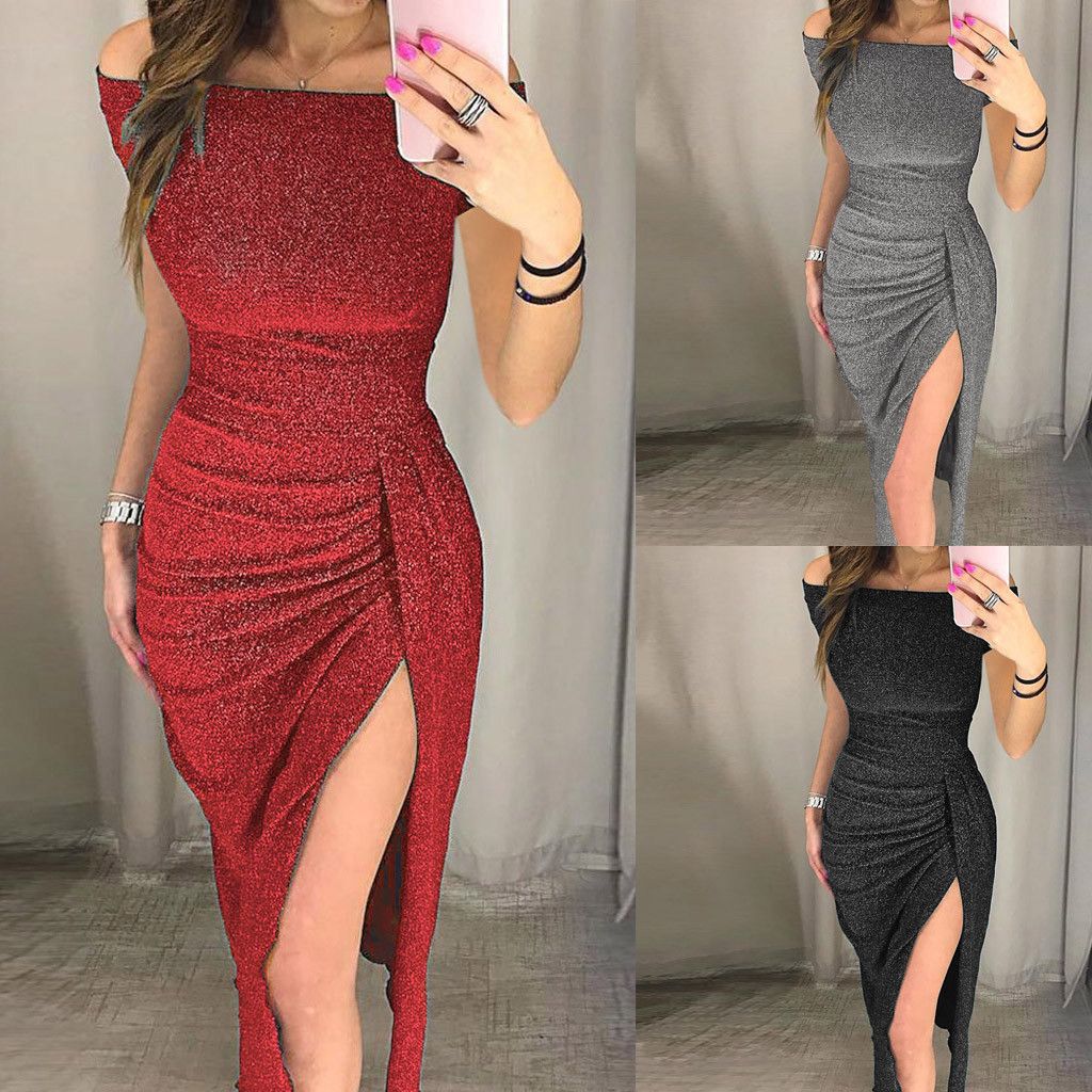 Stilla | Glitrende Bodycon Slå Af-Shoulder Kjole
