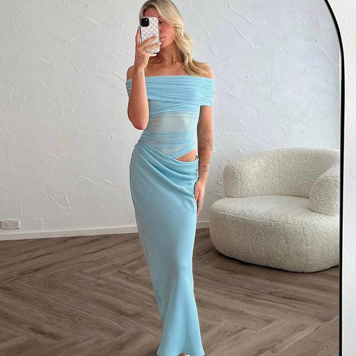 Dame elegant Off-Shoulder Maxikjole med figurformende V-hals design Skovae
