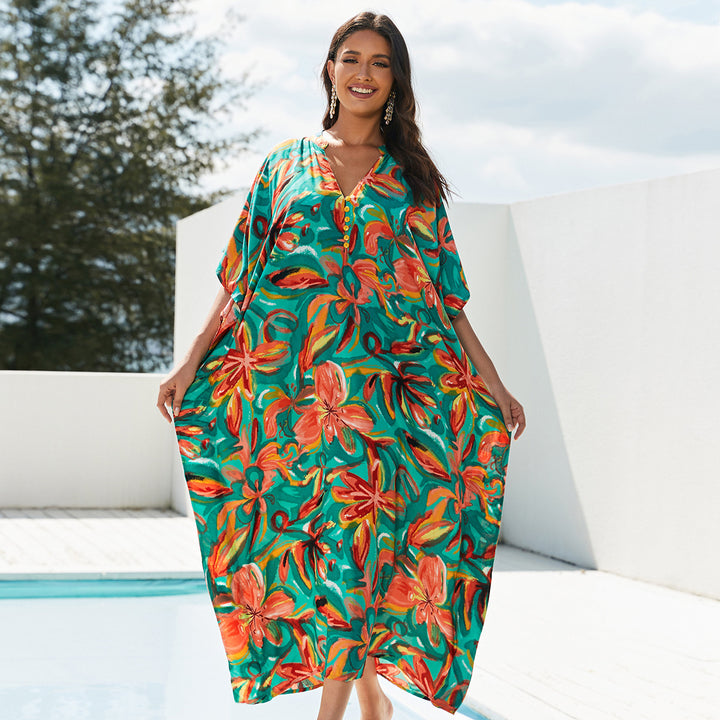 Dame Kaftan med floraltryk og fine detaljer Stilla