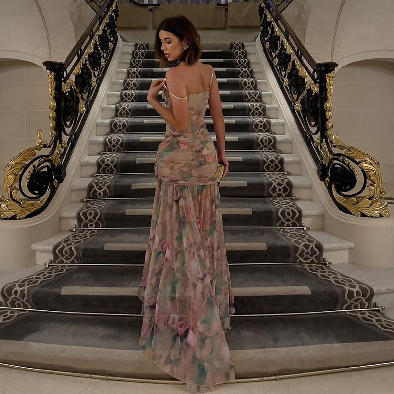 Dame Elegant og fløjlsagtig Maxikjole med floral motiv Skovae