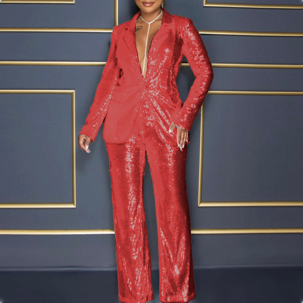 Dame Glitterende Jumpsuit sæt med tætsiddende silhuet og glitrende detaljer Stilla