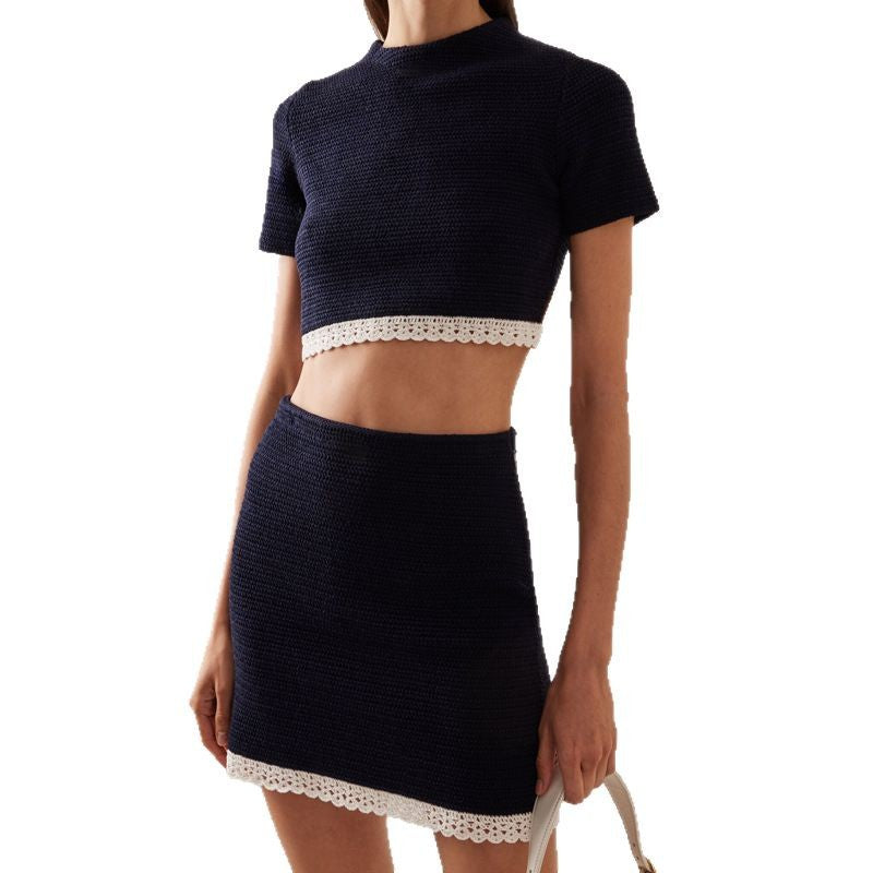 Dame moderigtigt Cropped Top og Nederdel Sæt med dekorative Spids Detaljer Stilla