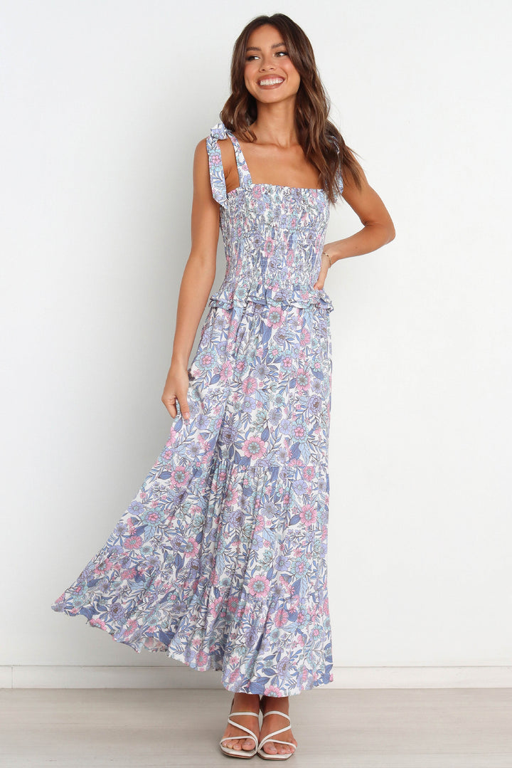 Frau Bohemian Floral Maxi Kjole med justerbare bånd Stilla