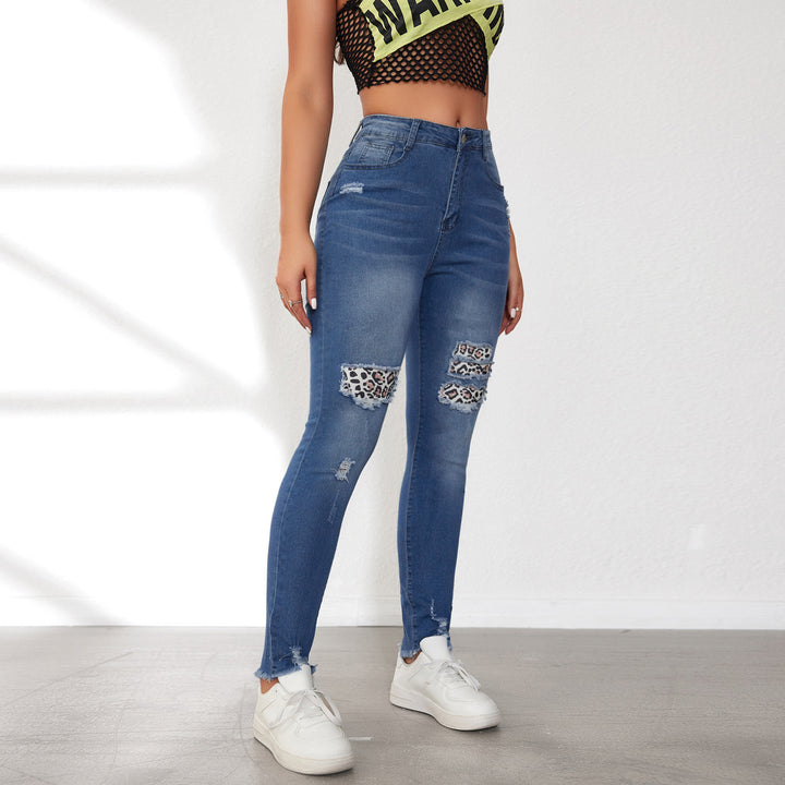 Dame Skinny Jeans med moderigtige Ripped-detaljer og unikke dyremønster-applikationer Stilla