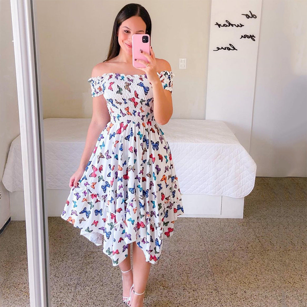 Stilla | Elegant Skulder-Baring Print Midi Kjole
