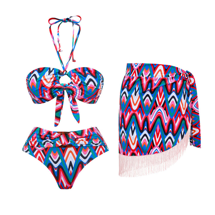 Dame bikiniset med kreativ indpakningsskørt og trendy mønstermix Stilla