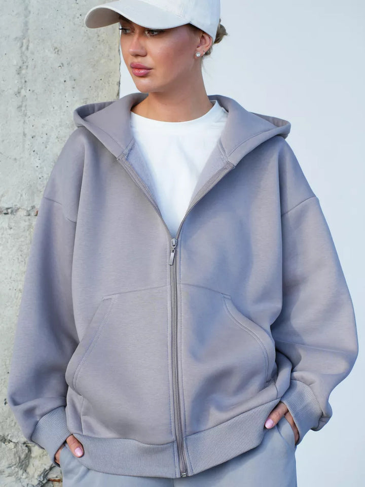 Women's Oversized Hooded Jacket with Zipper and Large Pockets Skovae