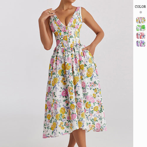 Dame midi kjole med blomstrede accenter og tætsiddende top