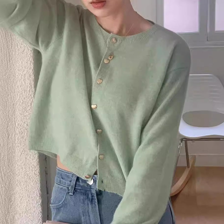 Kvinder Elegant Cardigan med Hjerteknapper og Fin Rib Struktur Stilla