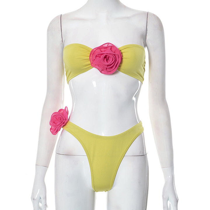 Dame Bandeau-Bikini-sæt med blomsterdetaljer og elastisk bånd Stilla