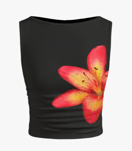 Dame ærmeløs crop-top med blomsterprint og tætsiddende snit Skovae