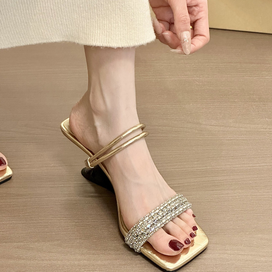 Dame Krystalbesatte Open-Toe Slide Sandaler med Blokhæle Stilla