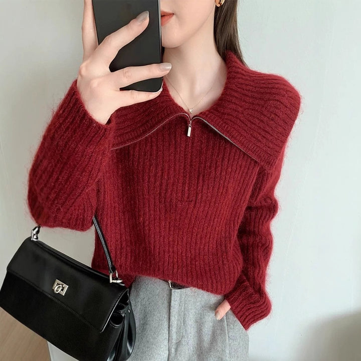Kvinders strikket sweater med stor krave og lynlås Stilla
