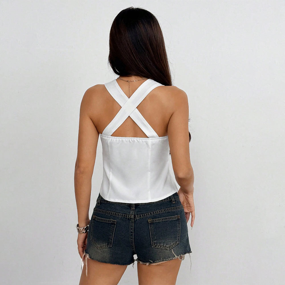 Kvinders Crop Top med dekorativ snøre design og feminin silhuet Stilla