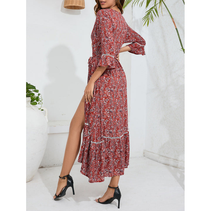 Femme Bohemian-Style Maxi Kjole med Rynkede Ærmer Stilla