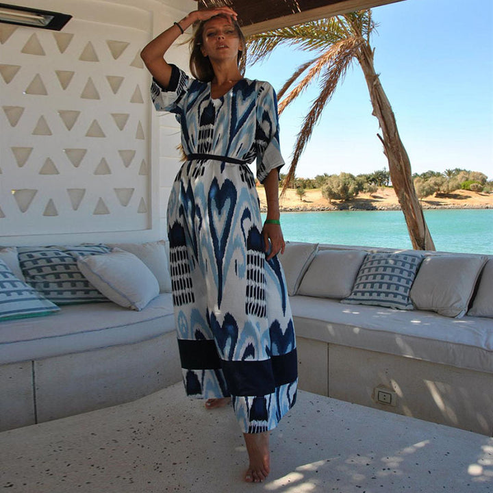 Dame Maxi-strandkaftan med elegant grafisk mønster og sid幕split Stilla