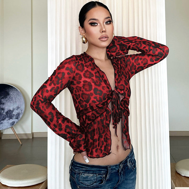 Dame let transparent top med leopardmønster Skovae
