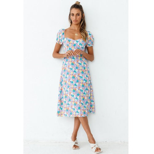 Dame Floral Puffærmer Midi Kjole Stilla
