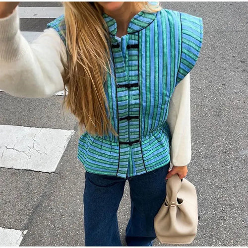 Femme Stylish Stribet Høj-Hals Bluse Stilla