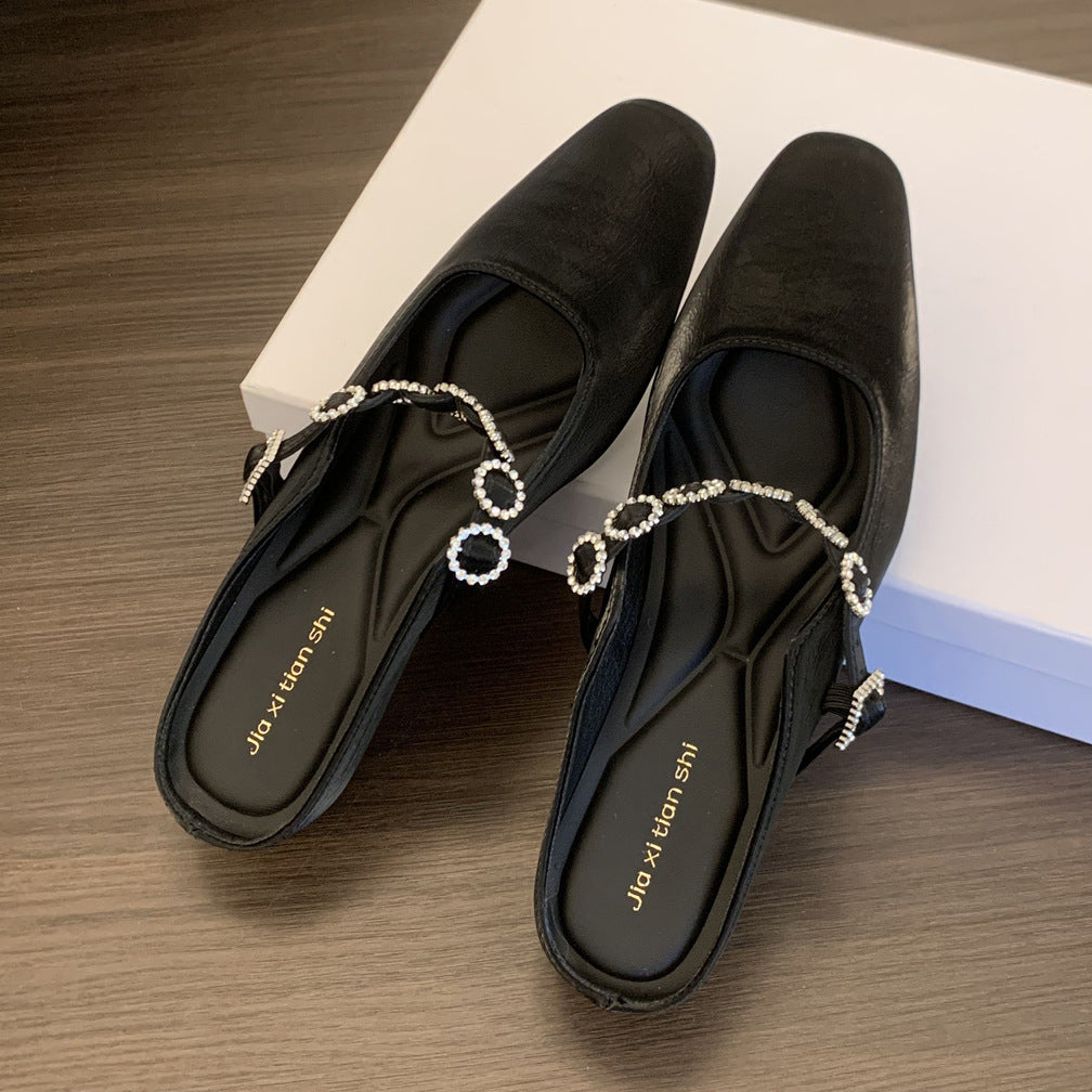 Dame elegante blokhæl-slingback-mules med dekorativt strassbånd Stilla