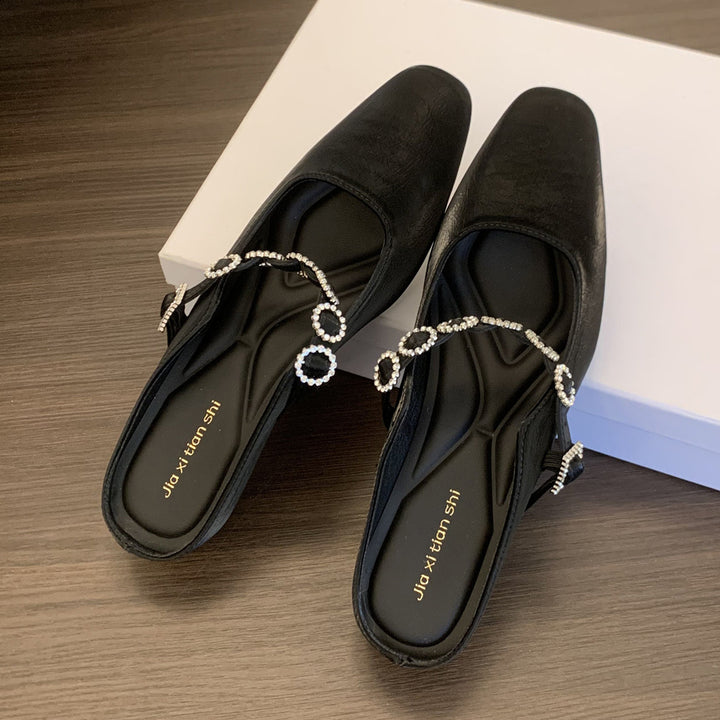 Dame elegante blokhæl-slingback-mules med dekorativt strassbånd Stilla