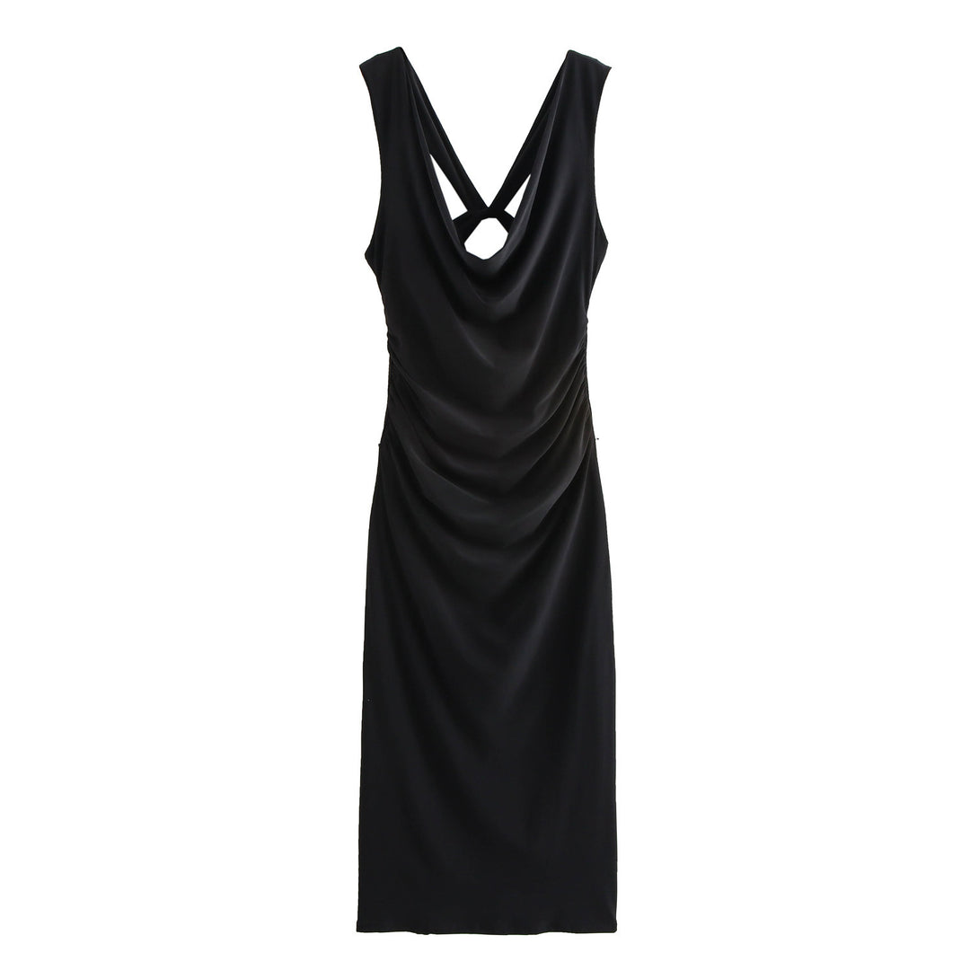 Femme Draperet Cowl Neck Bodycon Kjole med Åben Ryg Detalje Stilla
