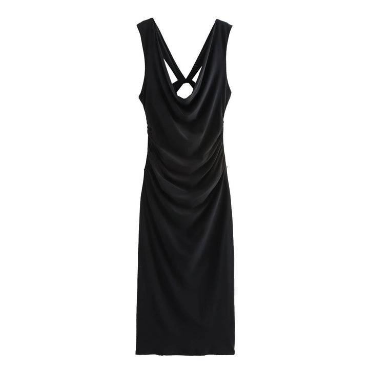 Femme Draperet Cowl Neck Bodycon Kjole med Åben Ryg Detalje Stilla