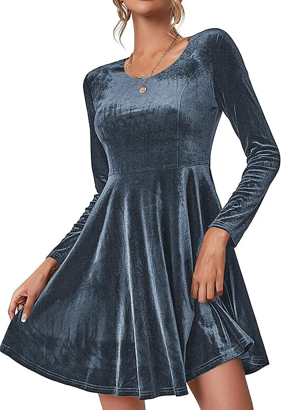Dame elegant A-linje kjole i velour med lange ærmer og rund halsudskæring Stiila