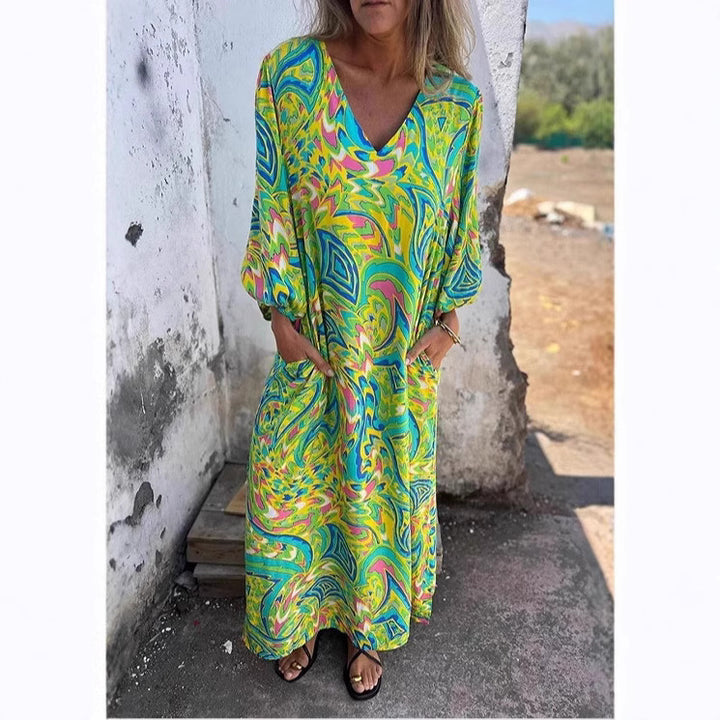 Dame luksus kaftan kjole med farverig grafiktryk og praktiske lommer Stilla