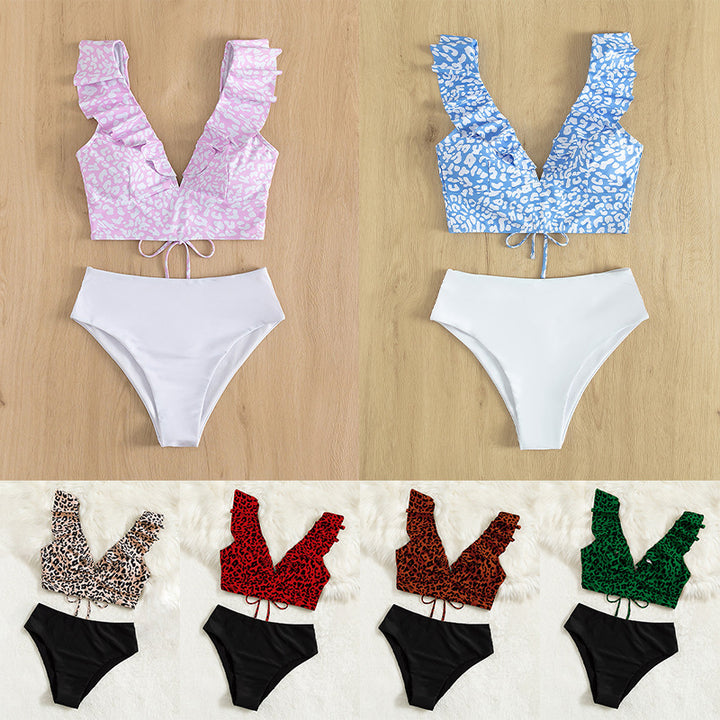Dame triangel-bikini med moderne leopardmønster og volantdetaljer Skovae