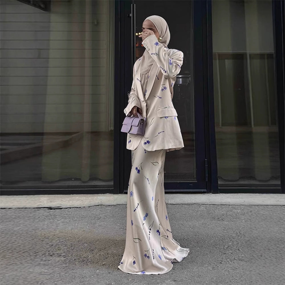 Damer elegant blazer-sæt med blomsterdesign og flydende nederdel Stilla