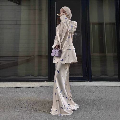 Damer elegant blazer-sæt med blomsterdesign og flydende nederdel Stilla