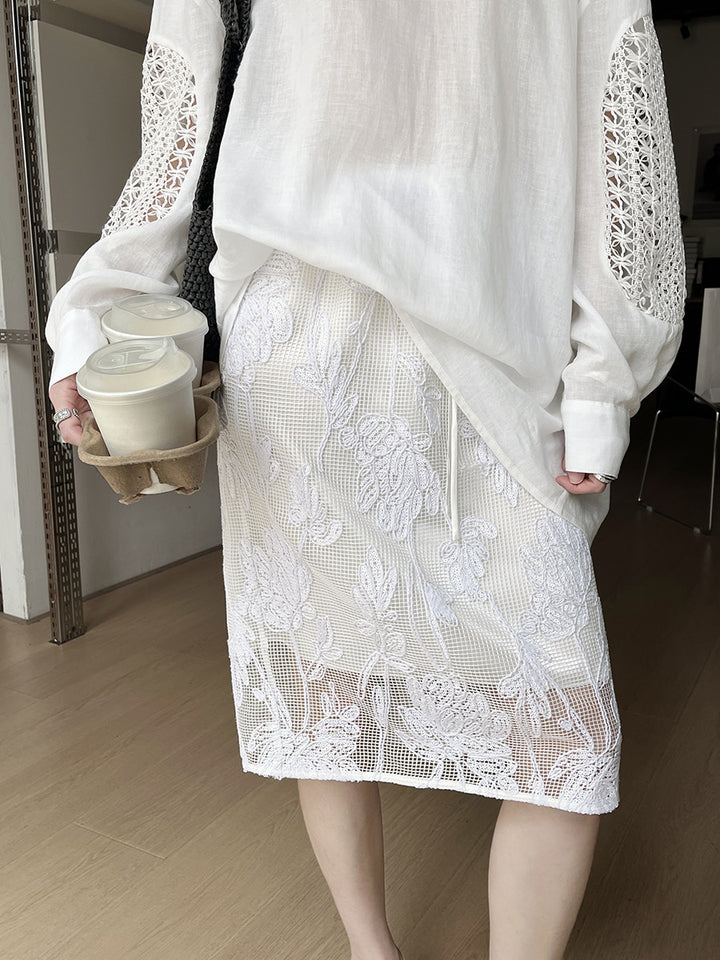 Dame Midi-nederdel med blomsterbroderi og elastisk liv Stilla