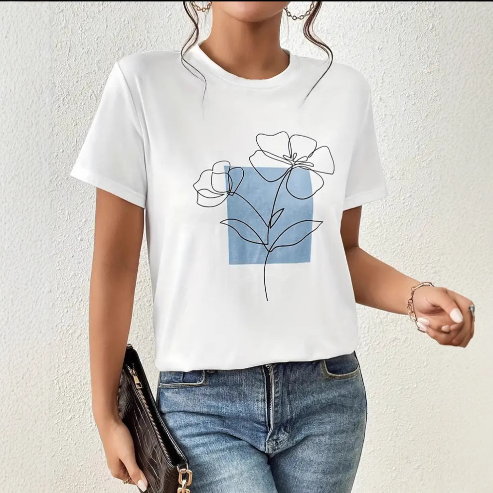 Dame T-shirt med kunstnerisk blomsterdesign og moderne grafikdesign Stilla