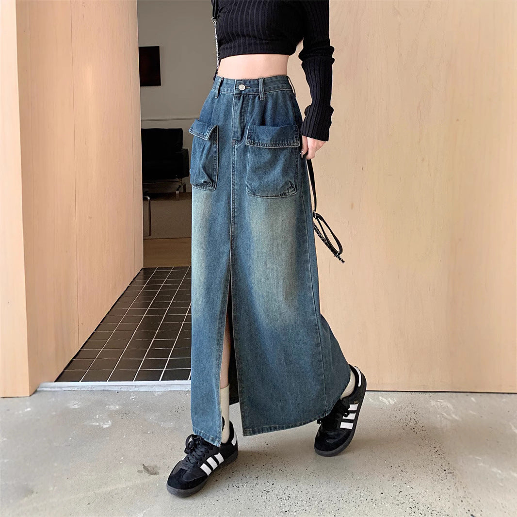Kvinders lange denimnederdel med rummelige lommer Stilla