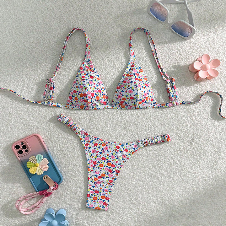 Dame triangle-bikini-sæt med justerbare stropper og blomster mønster Skovae