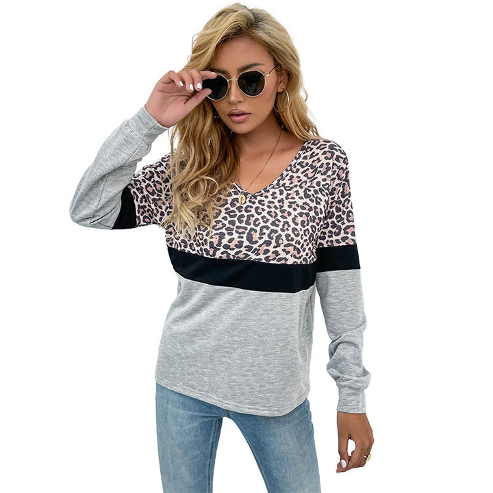 Dame V-udskæring Sweatshirt med leopardmønster og kontrastbånd Stilla