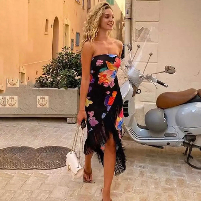 Dame maxikjole med legende frynse-design og blomster mønster Stilla