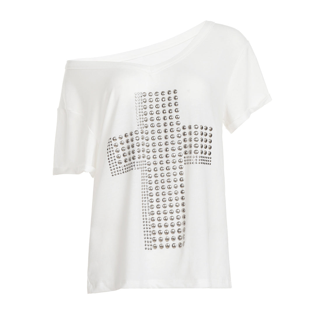 Dame stilfuld oversized T-shirt med kors-print og glimmerdetaljer Skovae