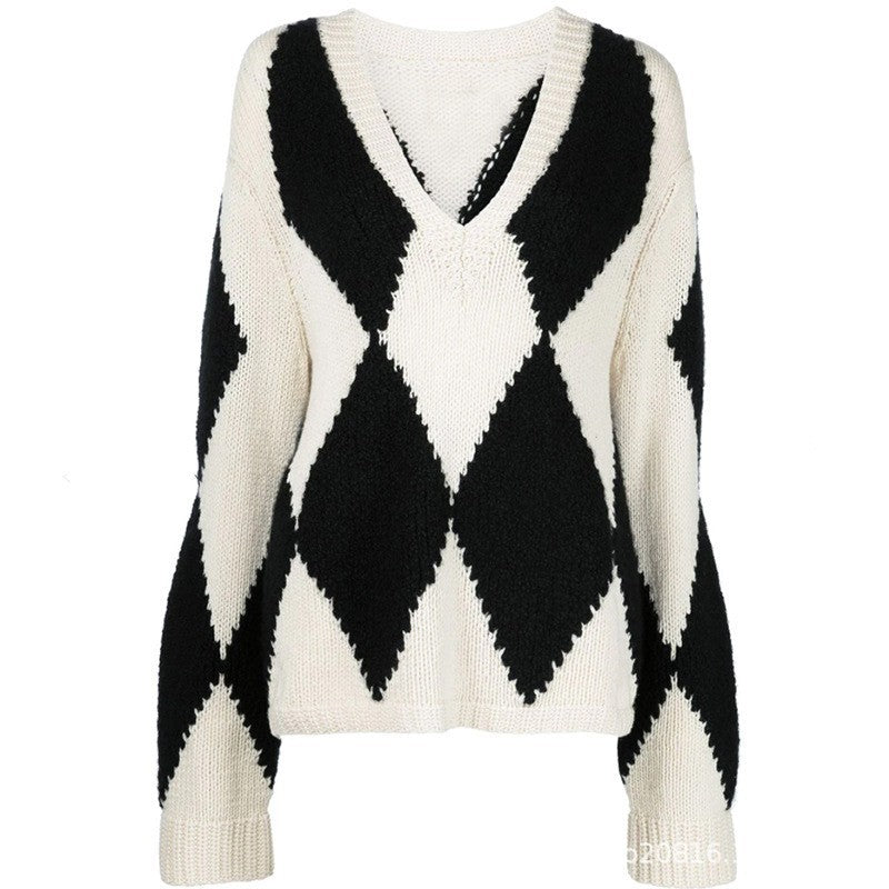 Damer trendy V-hals strikket sweater med zigzag mønster Stilla