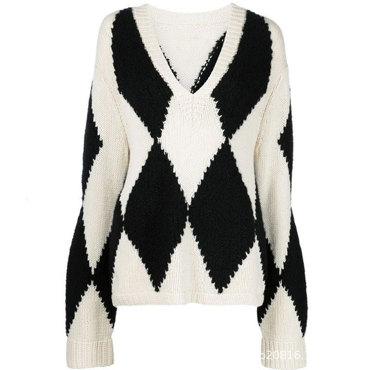 Damer trendy V-hals strikket sweater med zigzag mønster Stilla