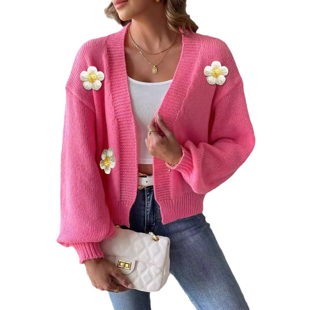 Dame Forkortet Strikcardigan med Florale Akcenter Stilla