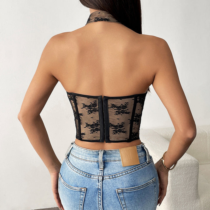 Dame Halterneck-Bustier med elegant kantudsmykning og transparente indsatser Stilla