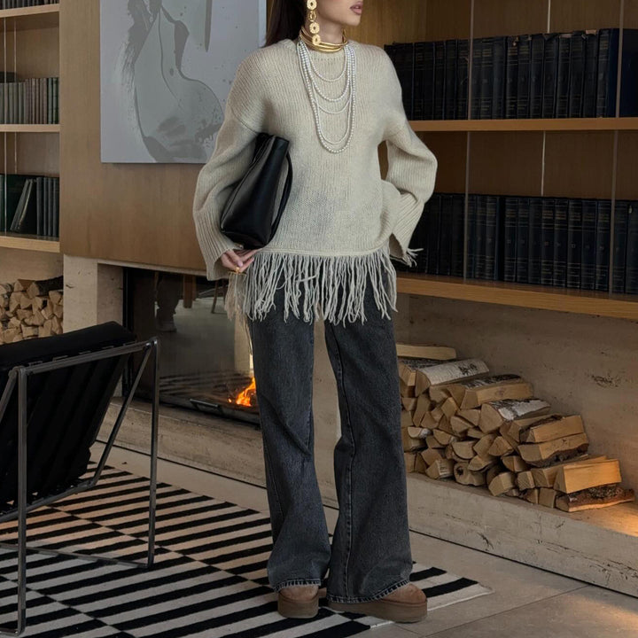 Kvindes Fashionable Strikket Sweater med Frynser Stilla