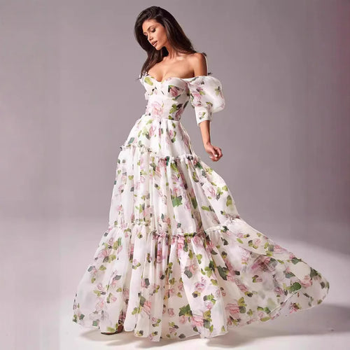 Dame Maxi-kjole med romantisk flæse-design og blomsterprint Stilla