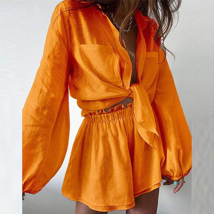 Dame linned bluse- og shorts-sæt med afslappet chic Stilla