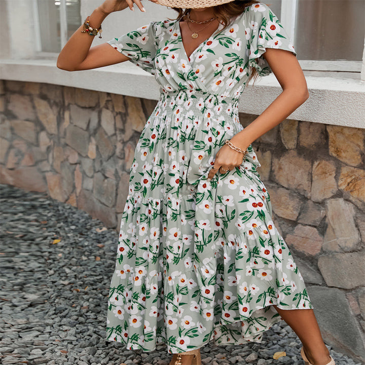 Dame Floral Print Maxi Kjole med rynket liv og flagrende ærmer Stilla