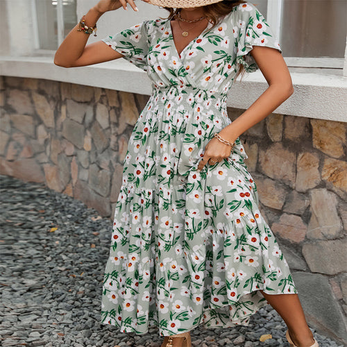 Dame Floral Print Maxi Kjole med rynket liv og flagrende ærmer Stilla